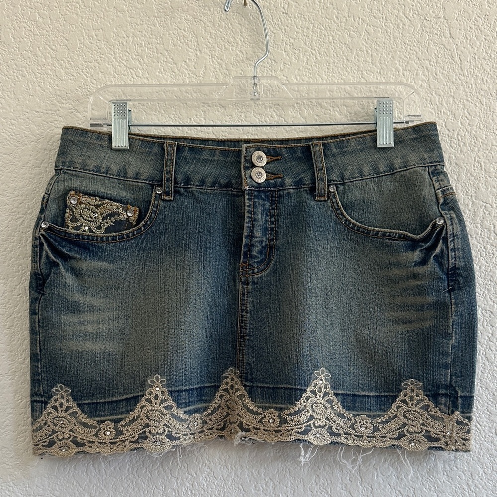 Y2K Vanilla Star vintage denim mini skirt with lace